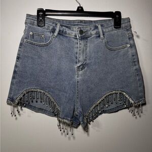 Beaded Fringe Denim Shorts Women's Size L Blue Cowgirl Y2K Boho Festival
